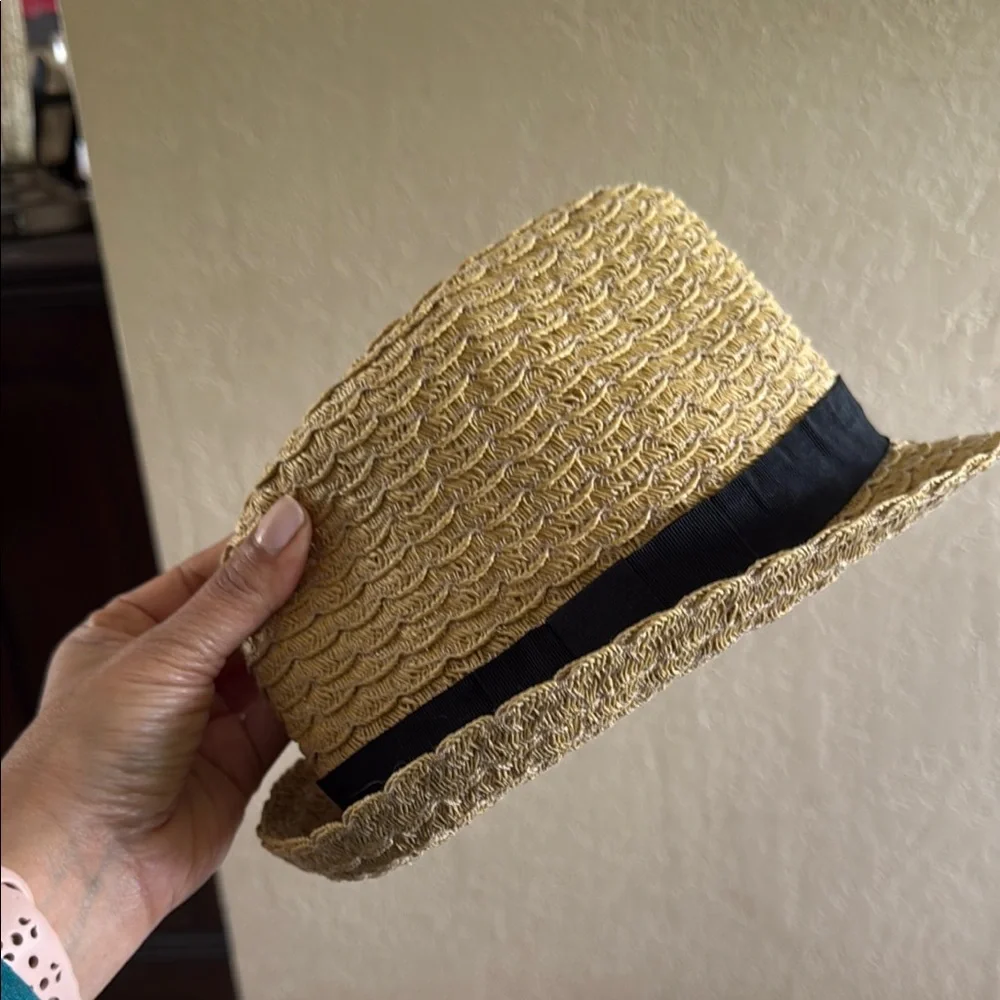 APT 9 Womens Woven Straw Fedora Hat Tan With Black Band Summer Like New